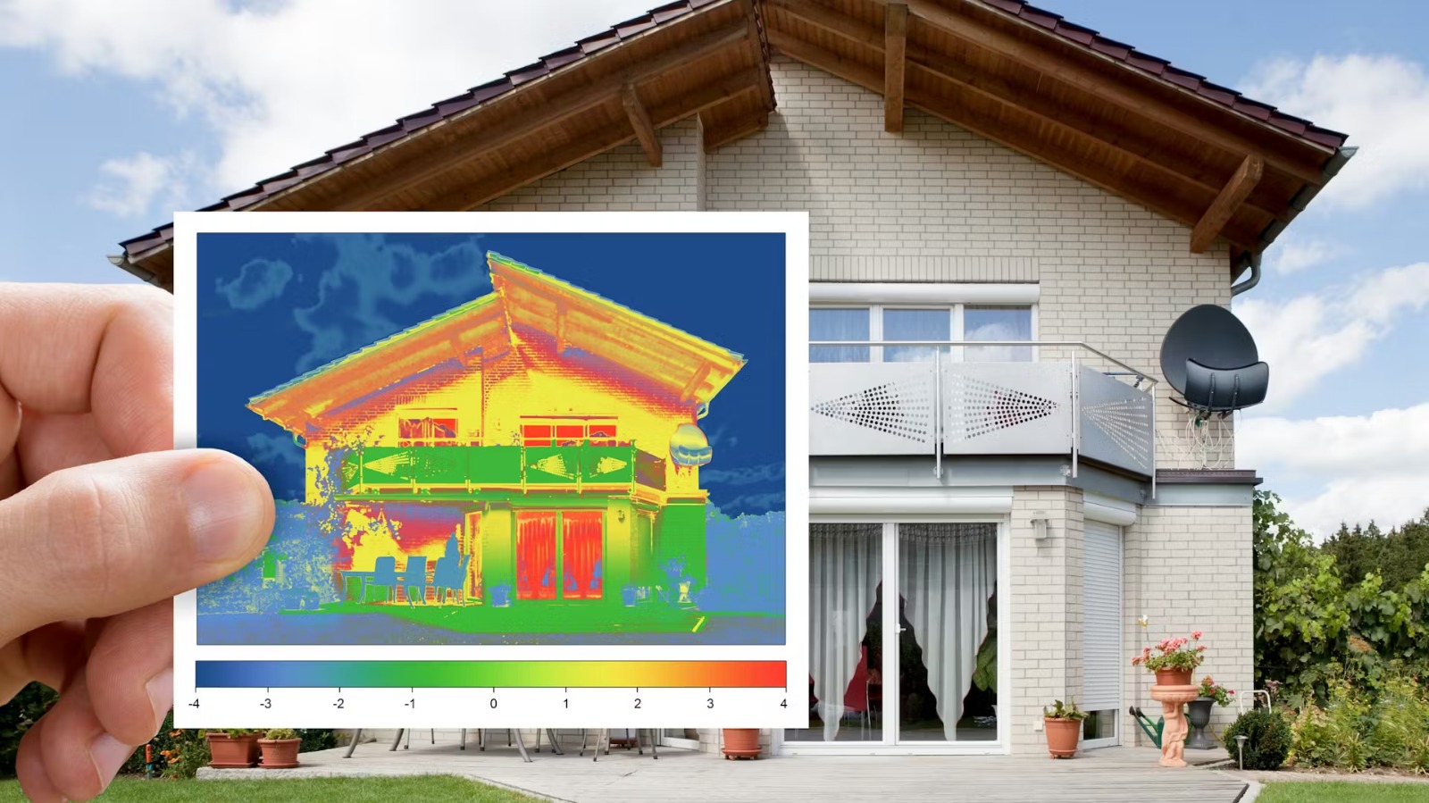 Termovizní snímek budovy ukazující tepelné úniky